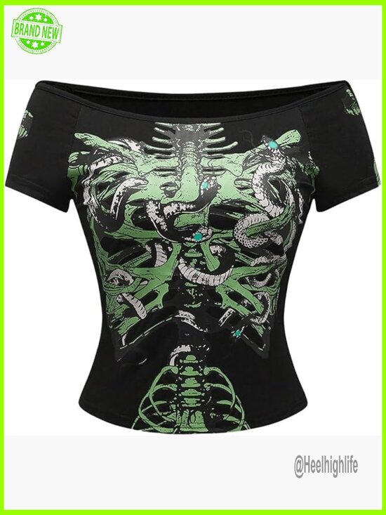 Tops - Off Shoulder Y2K Crop Top Goth Graphic Tee Short Sleeve Emo Scene Shirt